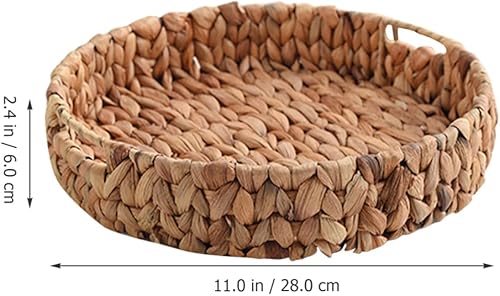 Miniatura 8 de Bandeja redonda tejida de frutas para servir pan, cestas de almacenamiento hechas a mano, bandeja otomana rústica para cena, desayuno, bebidas