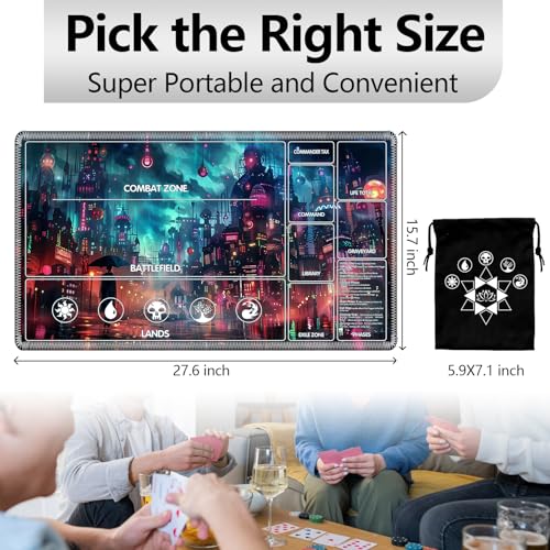 Image of for MTG Playmat with Card Storage Bag,Non-Slip Rubber Base & Smooth Surface 27.6x15.7in,Beginner-Friendly Magic Mat for Commander Deck,Cyberpunk Neon City