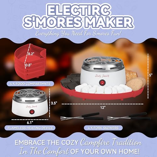 Image of Party Desserts Electric Smores Maker Tabletop Indoor Kit, Indoor Marshmallow Roaster, Smores Station with 4 Compartment Trays & 4 Forks, Great Gift for Adults and Kids in Holidays and Parties (Red)