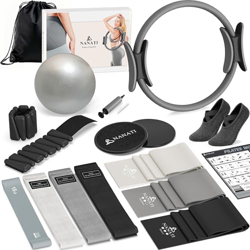 NANATI Pilates Kit 18PCS,Pilates Essentials Kit for Women,Pilates Equipment with 14.5" Pilates Ring and Ball,7 Resistance Bands,Ankle Weights,Sliders & Grip Socks Accessories for Starter Home Workouts