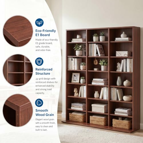 Image of Garvee 7 Tier Tall CD Display Cabinet, 21-Compartment Media Tower, Walnut