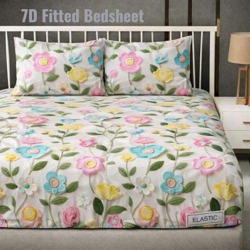 Image of 350 TC Premium Heavy Cotton 7D Print Fast Colour Feel Elastic Fitted Floral Bedsheet Double Size(72 X 72 X 8) with 2 Pillow Covers Size(17 x 27) Double Bed (Double 72x72) (Multicolor 1)