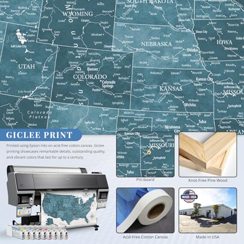 Image of IPIC - Antique Blue USA Travel Map, Pin Board Canvas Wall Art, Travel Map with Pins Included, Ready to Hang for Home or Office, 36x24 Inch