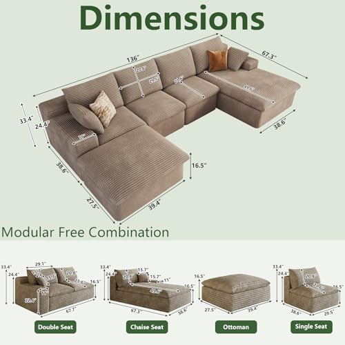 Image of 136 inch W Cloud Couch Modular Sectional Sofa for Living Room, U-Shape Boneless Couch with Deep Seat, Modern Corduroy 4-Seater with Ottoman, No Assembly Required (Camel Brown,Right-Facing Chaise)