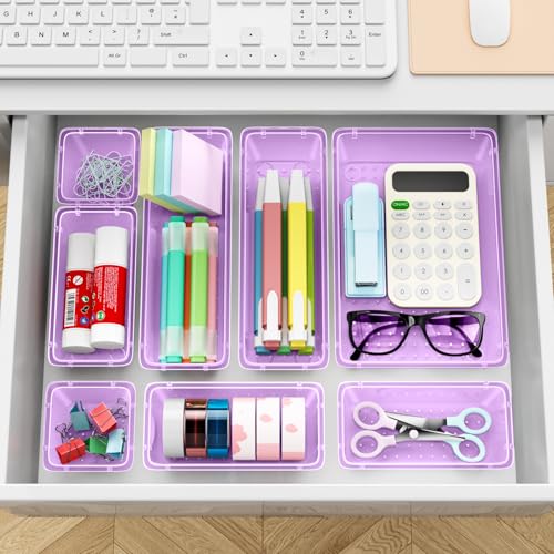 Image of ElegantArray 12-Piece Drawer Organizer Set, 4 Sizes Versatile Plastic Vanity Organizer for Makeup, Stationery, Gadgets, in Kitchen, Bathroom, Office, and Bedroom, Purple