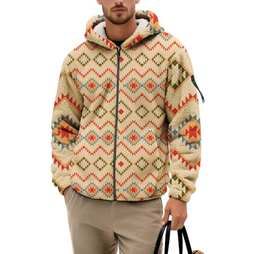 Zip Up Hoodie for Men 2025 Trendy Western Aztec Print Sweatshirts Baggy Fleece Sherpa Lined Hooded Jacket with Pocket