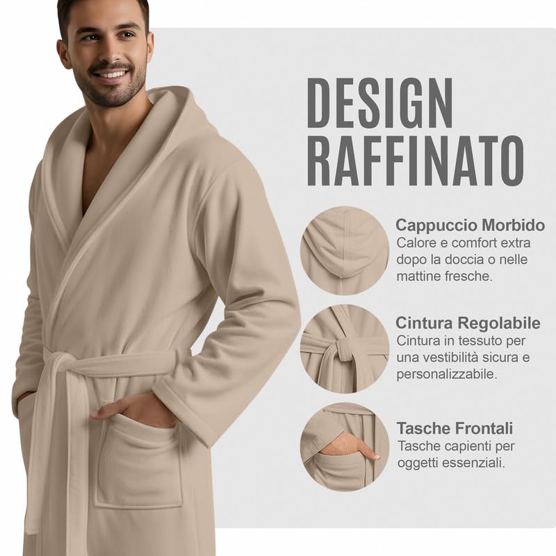 NARCISO - Accappatoio Uomo Donna Microfibra Economico con Tasche Cappuccio e Cintura, Ideale per Casa, Viaggio, Palestra, Tessuto Morbido e Comodo, Taglie dalla S alla XXL