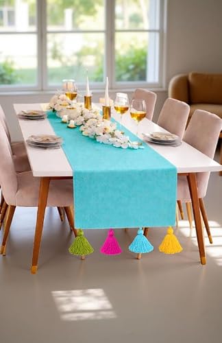 WWW.THROWPILLOW.IN Ice Blue Table Runner with Tassels 14x108 Inch |Fits 8 Feet TV Unit Cabinet, Center Table, Coffee Table, Dining Table, Dresser, Entry Console, Credenza|Living Room Diwali Decor