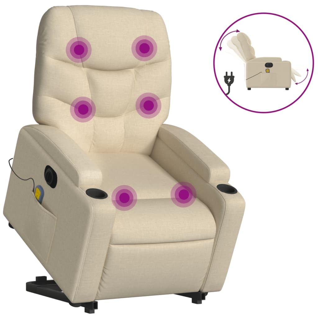 Sillón elevador eléctrico reclinable de tela crema con 6 puntos de vibración y función de elevación automática para un asiento cómodo y relajación total
