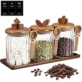 Suclain 3 Pcs Glass Coffee Container with Wooden Lid & Spoon Airtight Glass Jar with Wooden Shelf, Food Storage Containers Coffee Jar Tea Container(Brown,20.3 oz)