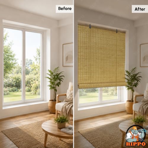 Image of HIPPO Bamboo Curtains - W-4FTXH-7FT Rope Mechanism Roll Up Down Indoor Bamboo Shade for Sun & Dust Protection for Home Window, Balcony, Restaurant, Hotel, Resort (Natural-TAN)