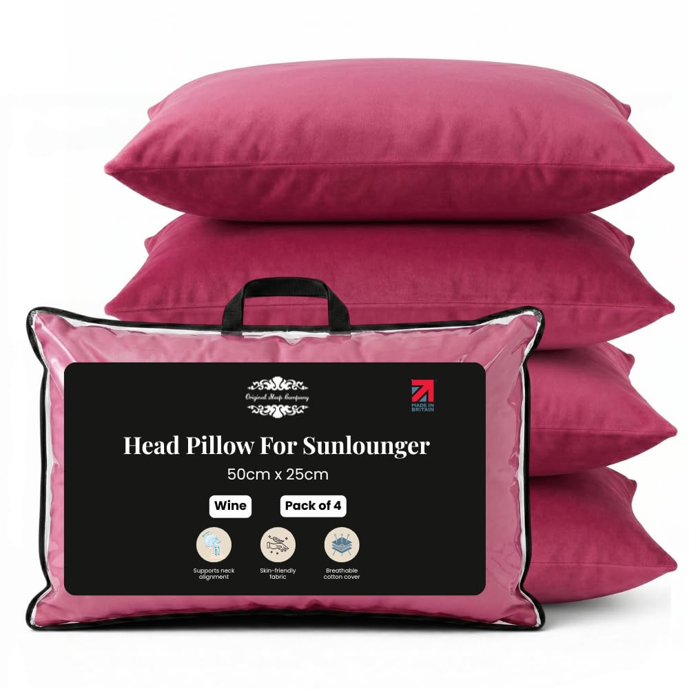 Original Sleep Company Sun Lounger Pillow – Adjustable Garden Chair Headrest for Sunbed, Recliner & Deck Chair, Outdoor Cushion, 50cm x 25cm Cream, Pack of 1 (Wine, Pack of 4)