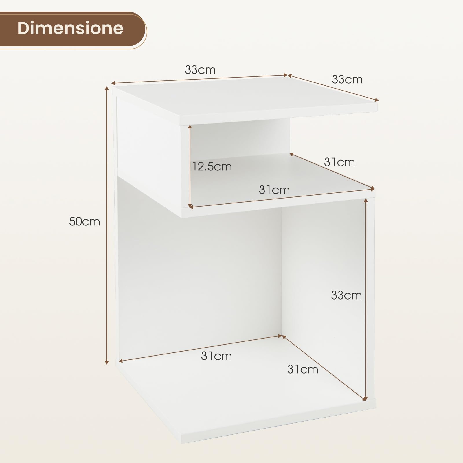 COSTWAY Tavolino Laterale da Salotto a Forma di S per Piccoli Spazi, Tavolino per Divano con 2 Scomparti Aperti, Comodino Moderno per Soggiorno, Camera da Letto e Studio, Bianco (1,Bianco)