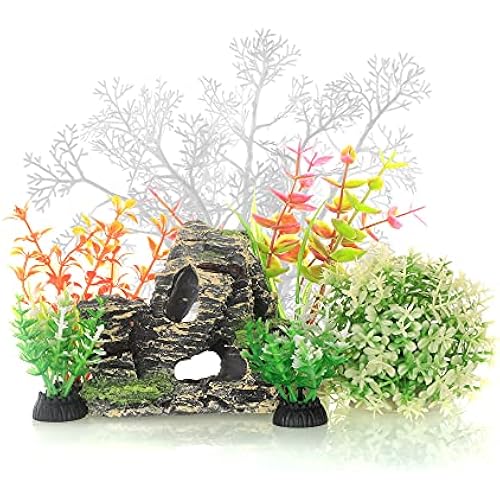JIH Aquarium Fish Tank White Plastic Plants and Cave Rock Decorations Decor Set 7 Pieces, Small and Large Artificial Fish Tank Plants with Cave Rock (CU89White-7)
