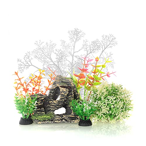 JIH Aquarium Fish Tank White Plastic Plants and Cave Rock Decorations Decor Set 7 Pieces, Small and Large Artificial Fish Tank Plants (CU89White-7)