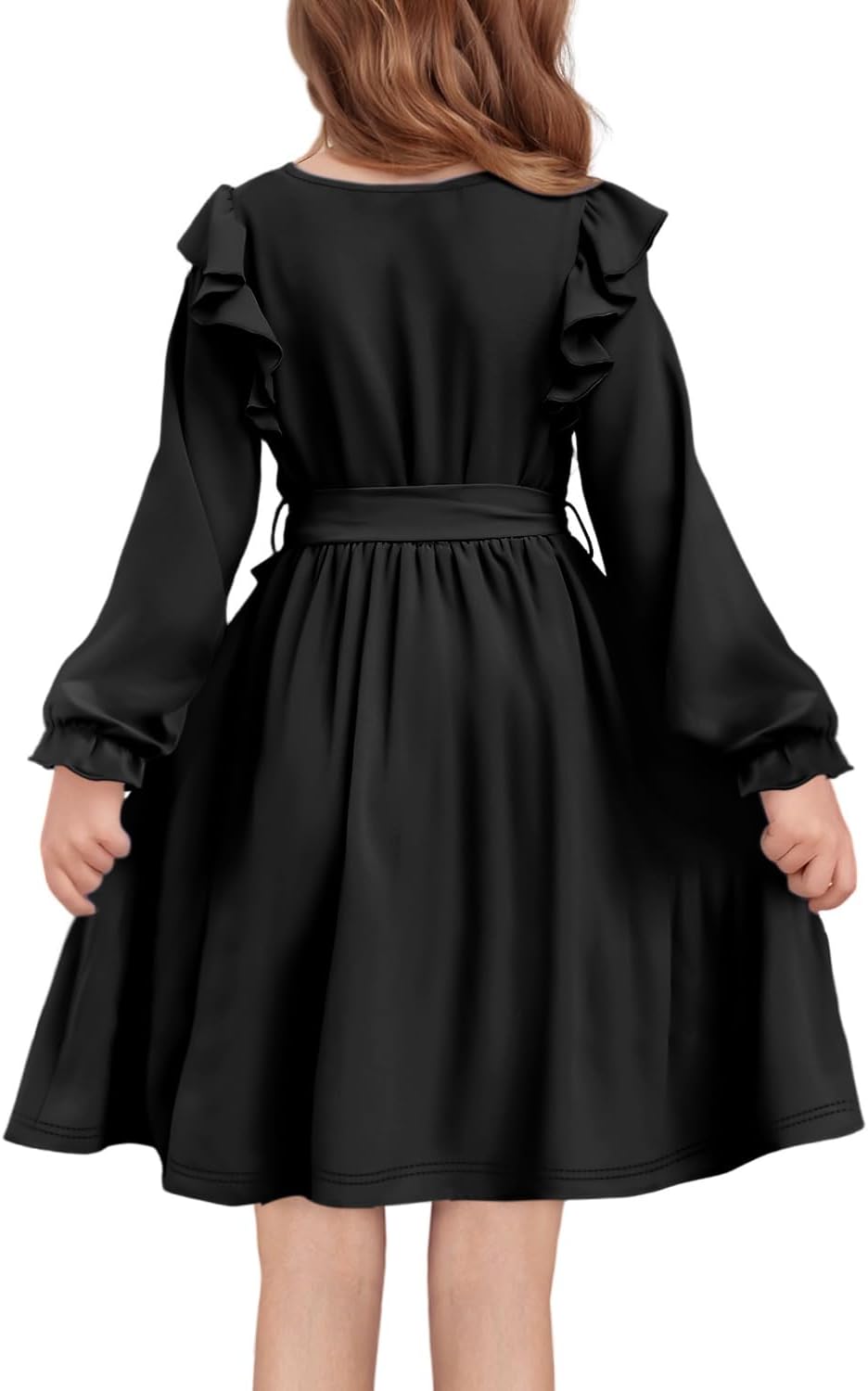 Yoklass Girls Dress Long Sleeve Ruffle Elegant Flowy Swing Dresses with Belt 4-13 Years - Image 4