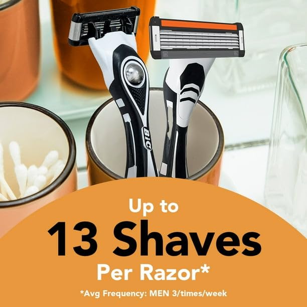 Flex 5 Refillable Razors For Men, Long-Lasting, 5-Blades, 1 Handle And 12 Refills, Pivoting Head And Ergonomic Handle, With Aloe And Vitamin E
