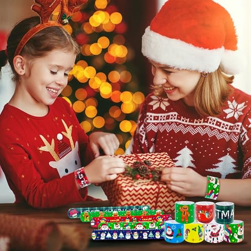 Image of JUNEBRUSHS 56 Pack Christmas Slap Bracelets Xmas Slap Bands Wristband Party Favors Snap Bracelets Bulk for Christmas Gifts Toys Stocking Stuffers