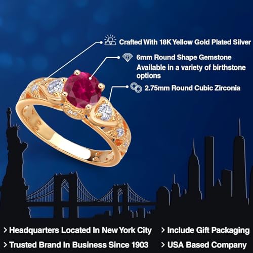 Gem Stone King 18K Yellow Gold Plated Silver Round 6MM Gemstone Birthstone Engagement Ring | Wedding Anniversary Promise Ring For Women | Available In Size 5, 6, 7, 8, 92