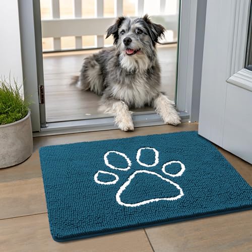 Image of Smiry Dog Door Mat for Muddy Paws, Absorbent Dirt Trapper Non Slip Quick Dry Washable Chenille Mat for Mud Dogs, Entry Rug for Indoor and Outdoor (24x16 Inches, Atlantic Blue and White)