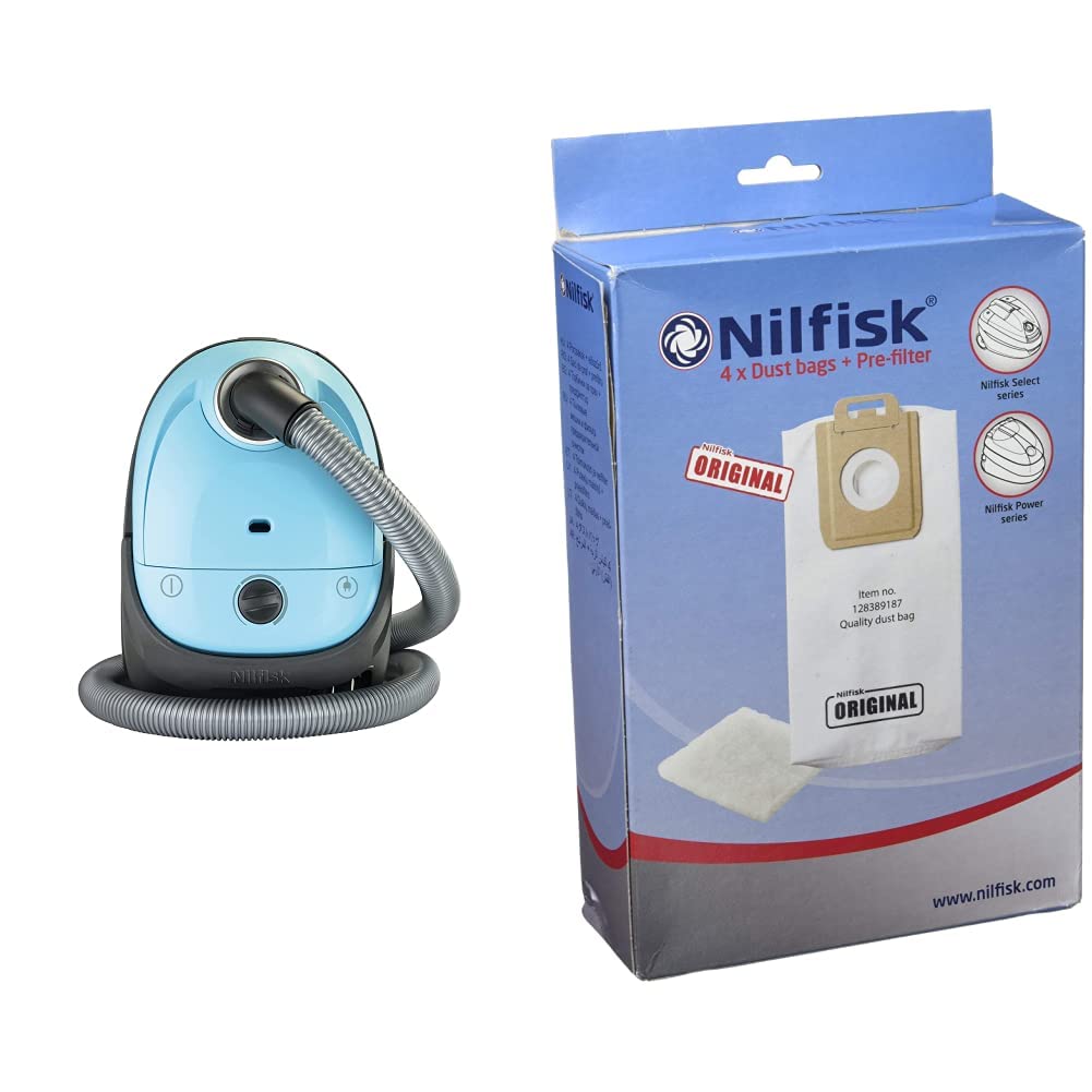 Nilfisk Aspirador de Trineo básico One, pequeño, Filtro EPA o HEPA, 3 L de Capacidad, Azul Claro & 128389187 Bolsas Aspirador, Teflón, Blanco