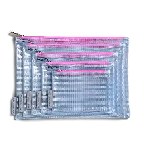 MUMI 5 Multi-Size Organizing Bags – Clear Zipper Pouches for Organizing, Storage & Travel with 10 Removable Labels – Reusable Waterproof Mesh Zipper Pouch Set, Plastic Zip Bags for Supplies (Pink)