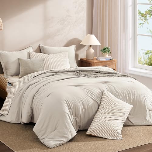 Image of Monbix Full Size Comforter Sets-7 Pieces Soft Bed in a Bag Full Bedding Set | All Season Beige Prewashed Comforter Bed Set with Striped Sheets, Pillowcases & Shams