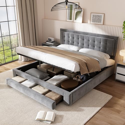 ModernLuxe King Size Bed Frame, Fashion Upholstered Ottoman Bed, 5FT Bed Frame with Storage, Slats and Headboard, Hydraulic Bed with Drawers, No Mattress, Grey Velvet Fabric 150x200cm