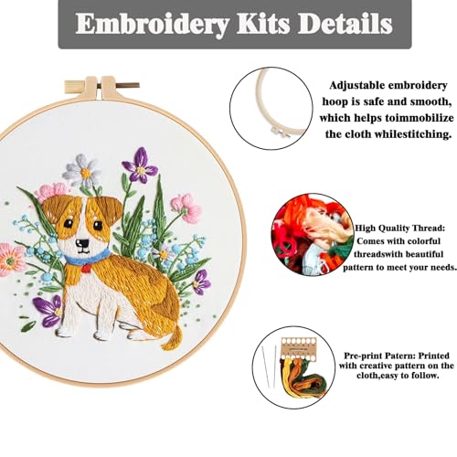 Image of GLTAYLMY Dogs Embroidery Kit for Beginners with Pattern and Instructions,3 Pack Cross Stitch Kits,1 Plastic Embroidery Hoops,Threads and Needles,Needlepoint Kit for Adults