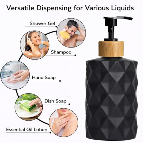 Image of Luxe Home International Faceted Pattern Glass Soap Dispenser for Bathroom and Kitchen Sink Leak Proof Liquid Hand Wash Round Bottle Lightweight Matte Finish (17.5x7.5 cm Black) Pack of 1