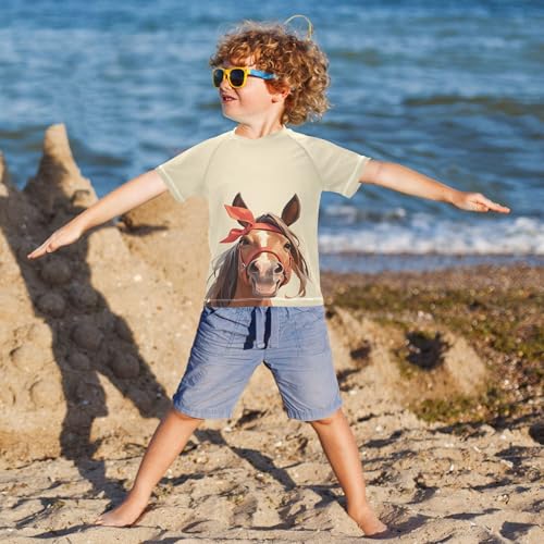 Cartoon Fun Horse Boy Bathing Suit Short Sleeves Volleyball Shirts Swimwear Beach Tops 3T4