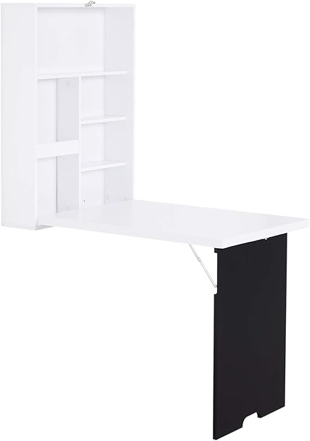 HOMCOM Folding Wall-Mounted Drop-Leaf Table With Chalkboard Shelf multifunction White