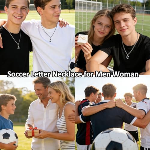 AIAINAGI Soccer Initial A-Z Letter Necklace for Men Soccer Charm Pendant Stainless Steel Silver Chain 22inch Personalized Soccer Gift for Men(J) - Thumbnail 6