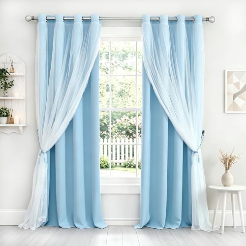 Image of Extra Long Light Blue Blackout Double Layers Curtains Set, Mix & Match Elegance Blue with White Crushed Voile Drapes for Living Room with tie-backs, Nursery, Kids' room, Bedroom, 52'' x108''