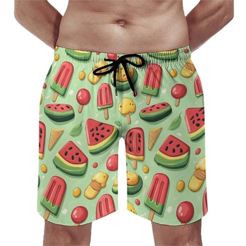 Hawaiian Shorts for Men - Comfy Cartoon Watermelon Ice Pop Print Mens Swim Trunks Bathing Suits with Mesh Lining