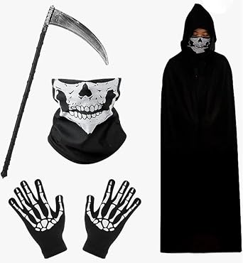 Halloween Cosplay Costume, Set of 4, Reaper Cosplay Cloak + Mask + Sickle + Gloves, Halloween Costume, Props Mask, Grim Reaper Halloween Scream, Grim Reaper Costume, Ghosts, Cloak Costume, For