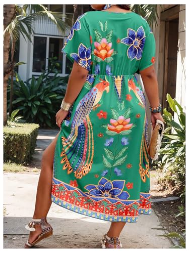 Image of Floerns Women's Plus Size Tribal Print Dolman Sleeve Slit Summer Maxi A Line Dress