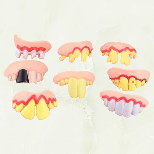 Miniatura 8 de VOSAREA 8 piezas de dientes falsos para Halloween, dientes feos y podridos, divertidos dientes locos, modelos de prótesis dental, broma, dientes