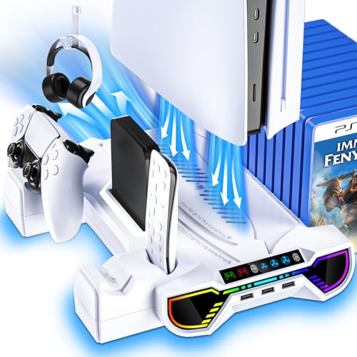 ZRZLMVP PS5/PS5 Slim/PS5 Pro Ständer - Controller Ladestation mit RGB Licht für PlayStation 5 Konsole, PS5 Zubehör inkl. PS5 Kühlstation, Lüfter, Headset Halterung, 3 USB Hub - Weiß
