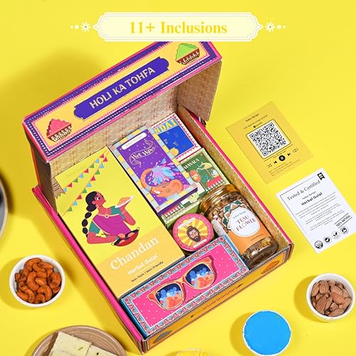 Image of Indian Karigar Holi Ka Tohfa 2026 | 12 Handpicked Holi Items | Holi Gulal for Holi Colour 160g | Thandai Powder + Eye Glasses + Holi Song Card & More | Organic Skin Safe Holi Colors With Certificate & Greeting Card | Holi Gift Hampers (Holi Ka Tohfa)