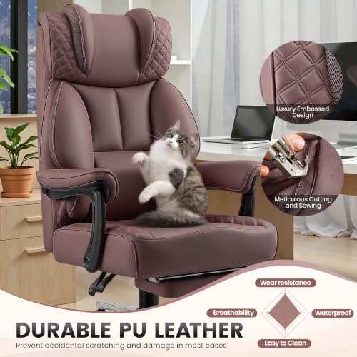 Image of BestGlory Office Desk Chair, Big and Tall Leather Gaming Chair with Footrest, Ergonomic Comfy Executive High-Back Reclining Computer Chairs, Wide Swivel Rolling Wheels and Padded Lumbar Support,Coffee