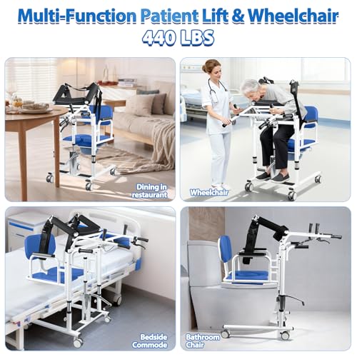 Jinrrenyi 6 in 1 Patient Lift Transfer Chair for Elderly and Home, Portable Adjustable Height Footrest Hydraulic Lift Nursing Wheelchair 180° Split PU Leather and Thickened Sponge Seat, 440lbs, Blue - Thumbnail 6
