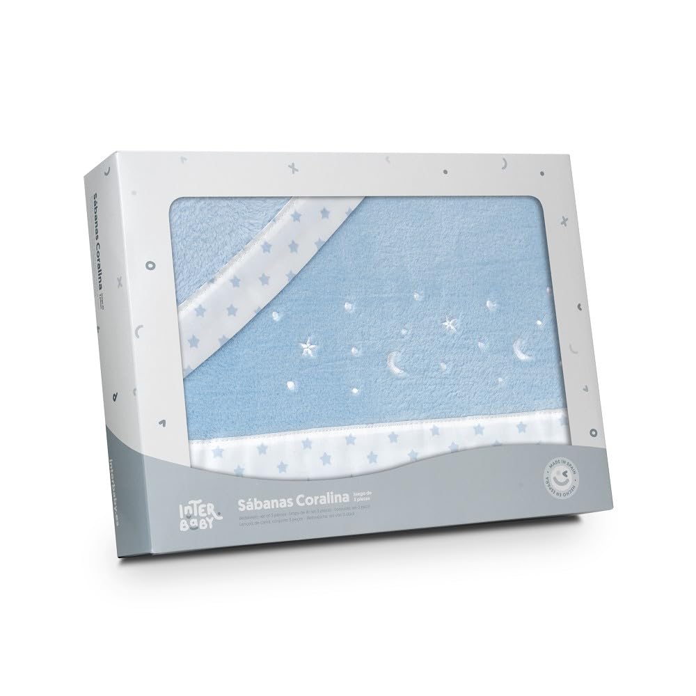 Interbaby - Parure de draps pour Poussette 40 x 80 | Drap Polaire Corail Chaud | Comprend Un Drap-Housse, Un Drap de Dessus et Une taie d'oreiller | Idéal pour l'hiver | Étoiles et Lune