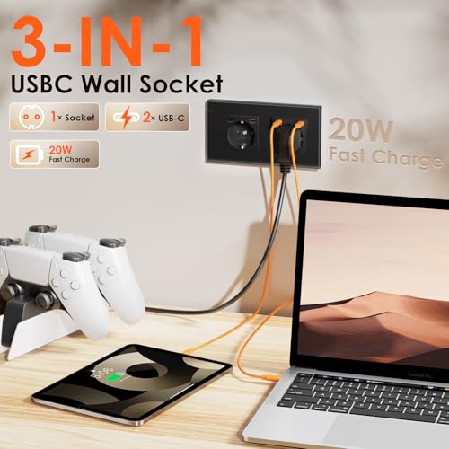 BSEED Schuko Steckdose mit Type C 20W Schnellladeger&auml;t, Typ C + Typ C Steckdose Unterputz, 2 Fach EU-Standard Wandsteckdose mit Glas Platte, 157mm, Schwarz