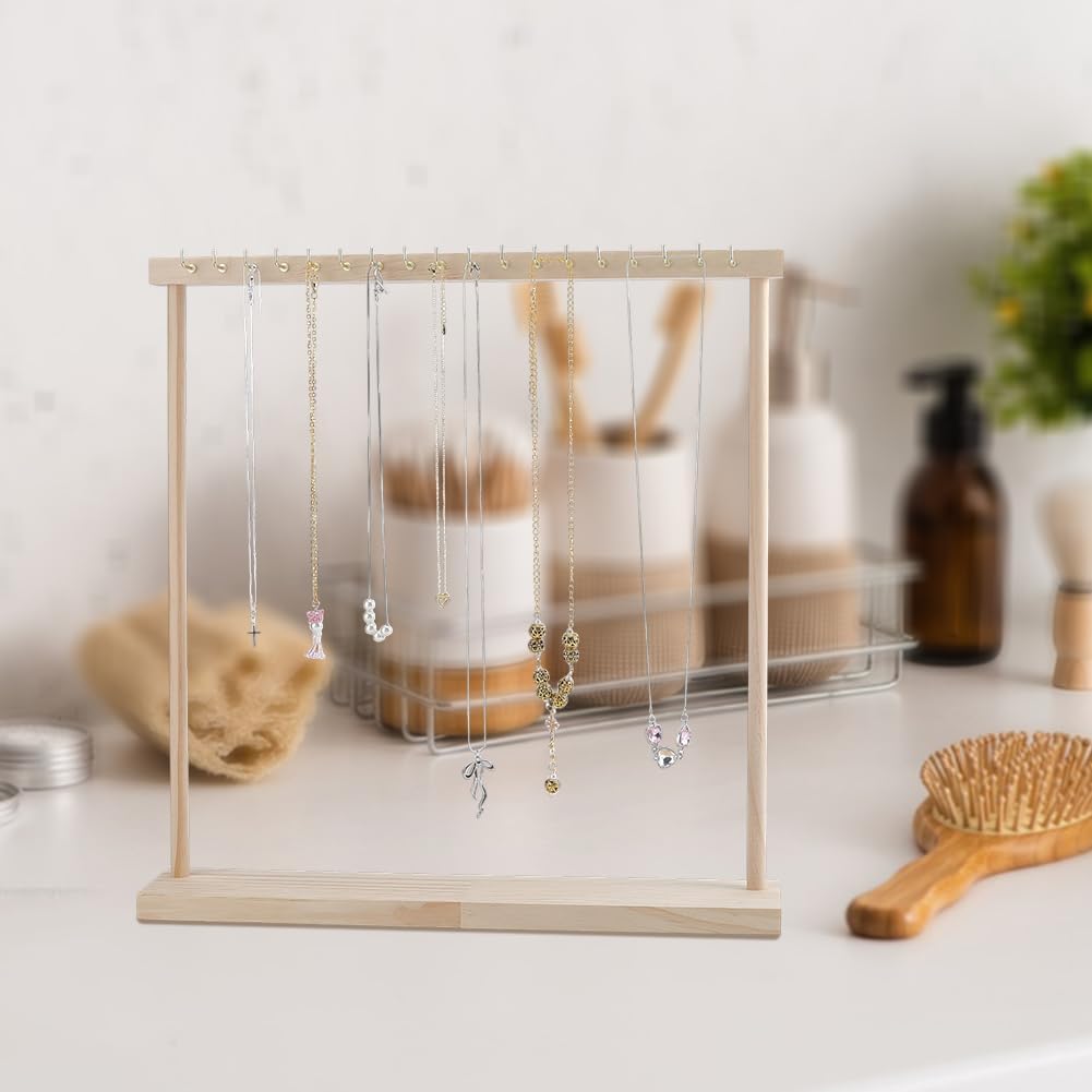1 Set Wooden Jewelry Storage Organizer Rack 15.7x3x15.7 Inch Wooden Necklace Organizers Display Stands Jewelry Organizer Stand with 18Pcs Light Gold Iron Hooks for Hanger Necklace Bracelet