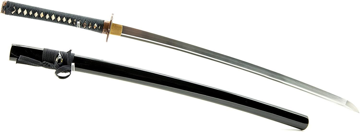 HMS Fully Functional Samurai Katana Sword, 1045 Carbon Steel, Hand Forged Heat Tempered, Full Tang, Sharp, Black Scabbard