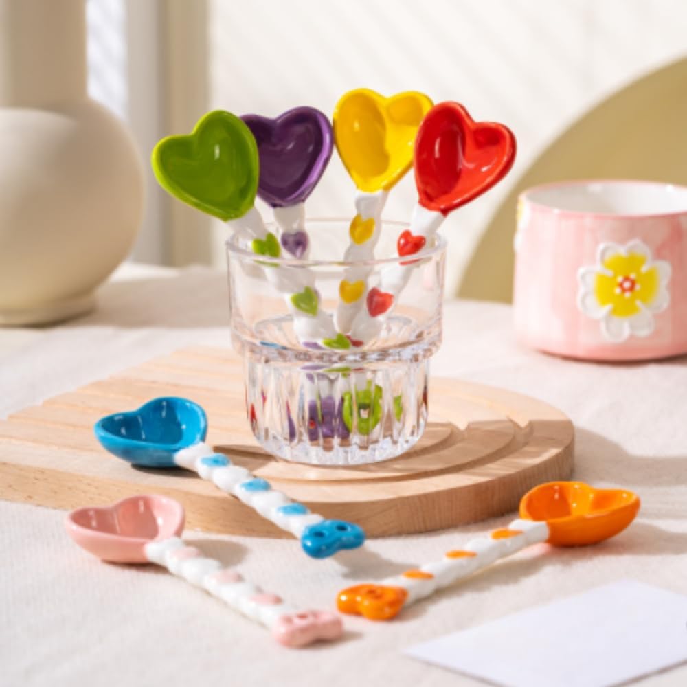 (6 Pieces) Heart-Shaped Ceramic Spoons Eating Small Dessert