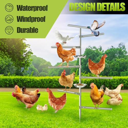 Image of Large Chicken Perch Toys, Wood & Metal 7 Branches Perch Stand with Metal Ground Plug, Outdoor Bird Playground Toy, Birds Training Branch Perch, Chicken Coop Accessories for Bird Parrot Poultry Rooster