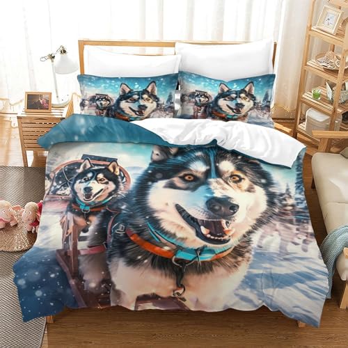 Funda nórdica de impresión digital 3D diseño de perros nórdicos tacto suave con cremallera 3