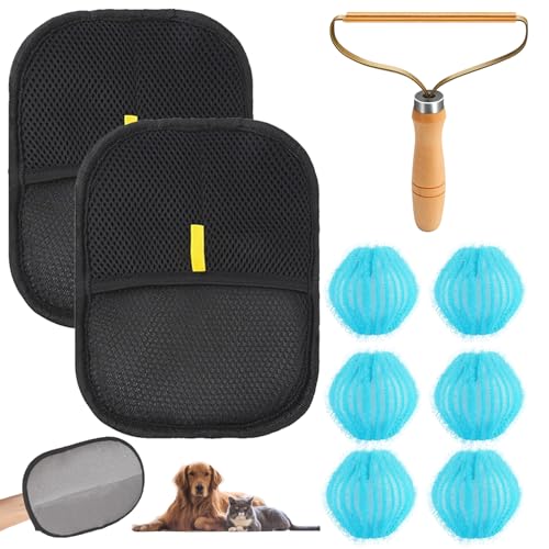 PangWuu 13 Stück Tierhaarentferner Handschuh Set, Effektiver Fellentferner für Hunde & Katzen, Haare von Kleidung, Möbeln & Wäsche entfernen, Inklusive 2 Handschuhe, 1 Kamm, 6 Wäschebälle
